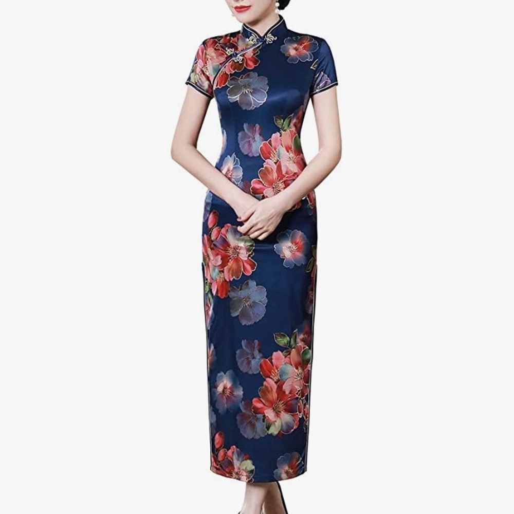 Blue Floral Chinese Qipao - Size XL (US S-M)